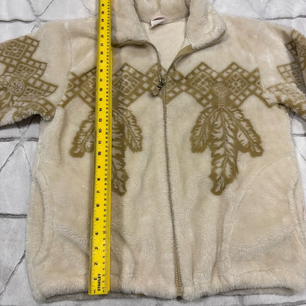 Milton Funwear Plush Fleece Jacket Cream & Beige Feather Design Vtg 90s Med - Picture 5 of 7